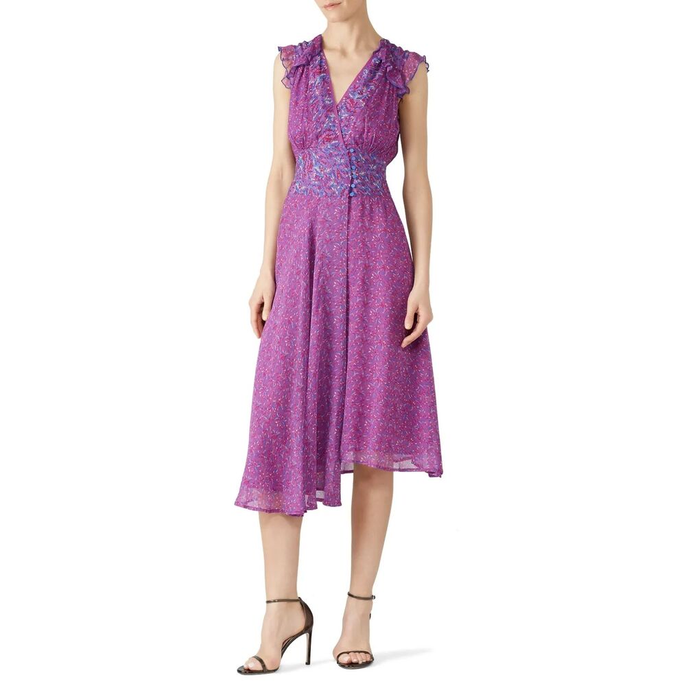 BA&SH Fuchsia Meryl Floral Knee Length Front Close Dress Size M Medium